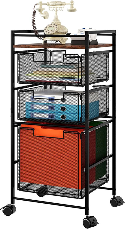EasyPAG Rolling File Cabinet, Metal File Organizer Storage Cart, Mobile File Cart with Removable Drawers with 4 Swivel Casters Rolling Wheels Cart, 1 File Drawer and 2 Small Drawers, Black