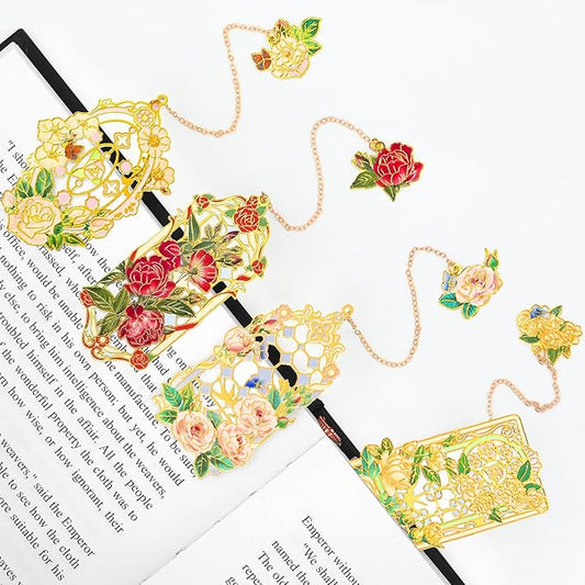 Aromoty 4 Pieces Metal Bookmarks with Pendant, Unique Cute Flower Butterfly Garden Themd Aesthetic Hollow Book Markers, Christmas Gifts for Women Reading Girls Teacher Readers Book Lover Accessories