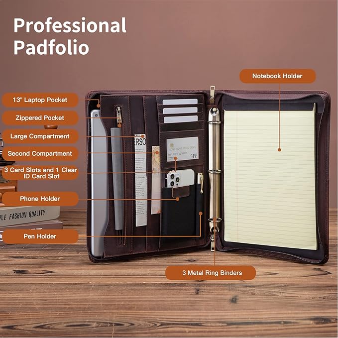 Genuine Leather Portfolio with 3 Ring Binder, Full Grain Leather Padfolio Zippered, A4 Notebook Holder Laptop Sleeve Professional Folder Organizer Gift for Men and Women, Dark Brown