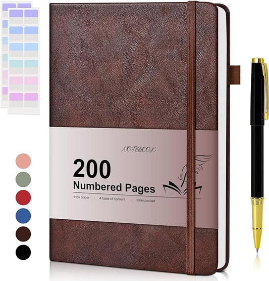 Lined Journal Notebook for Men Women, 200 Numbered Pages Leather Hardcover Journal with Pen, A5 Journaling Notebooks, Thick Paper College Ruled Journals for Writing Work Business 5.75'' X 8.38'' Brown