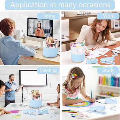 Blue Desk Accessories, Blue Office Supplies 360°Pen Holder Desk Organizers and Accessories with Tape Dispenser, Stapler, Staple Remover, 1000 Staples, Tape, Clips Set, Ruler, Scissor, Pen