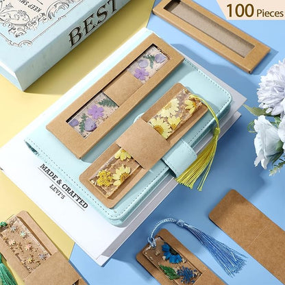 50 Set Kraft Bookmark Sleeves Resin Bookmark Holder 5.9 x 1.8'' Bookmark Cardboard Gift Boxes DIY Bookmark Blank Display Cards for Bookmark Wrapping Gift Supplies (Brown)