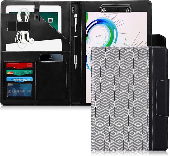 Toplive Portfolio Case Padfolio, Executive Business Document Organizer with Letter Size Clipboard, Business Card Holder, Tablet Sleeve, Perfect for Business School Office Conference, Tree-Black