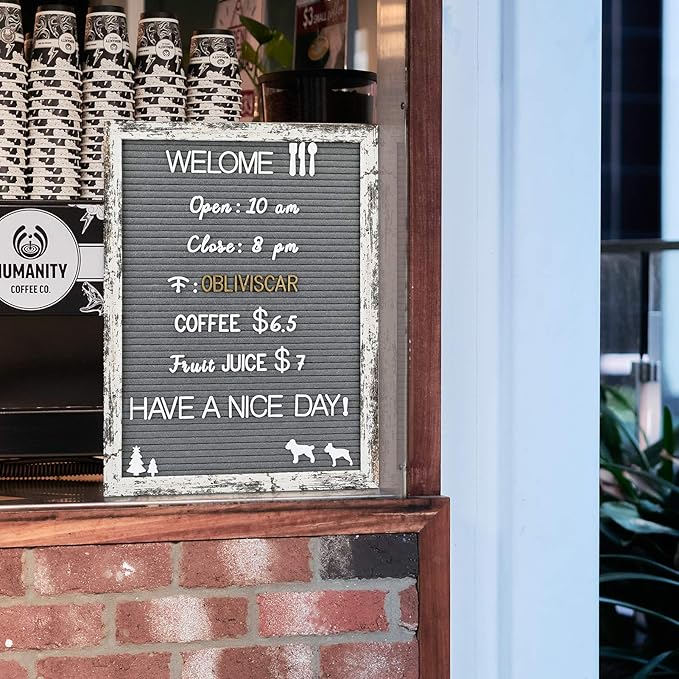 Felt Letter Board 12x16 Inch Rustic Wood Frame - Pre Cut & Sorted 725 Letters with Stand, Cursive Style Letters, Big Letters, Plastic Organizer, Shabby Chic Vintage Decor