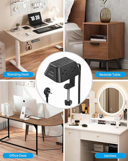Desk Clamp Power Strip, Surge Protector with 5 AC Outlets and 3 USB Ports, Desk Mount Charging Station, Fit 1.97in Tabletop Edge Thick, 6FT Extension Cord, for Home Office Gaming Accessories