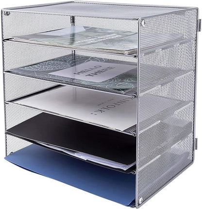 EASEPRES 5 Slot Mesh Desk Organizer Tray, File Paper Letter Folder Holder Desktop Paper Sorter Mail Organization Rack Storage Accessories, for Office Home School Classroom, Silver, 2 Pack