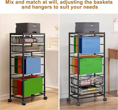 EasyPAG Rolling File Cart on Wheels with 2 Mobile Letter & Legal Size Hanging File Folder Rack and 2 Pull-Out Drawers for Home Office, Black