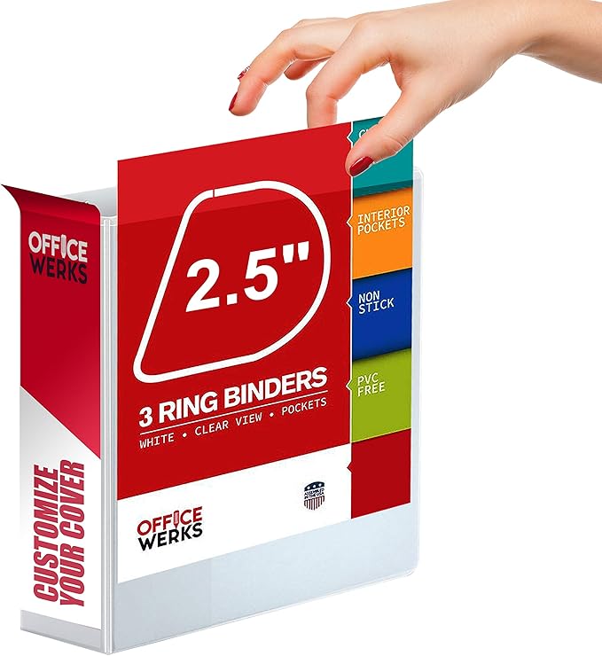 3 Ring Binder, 2.5" Professional Angle D-Rings, Presentation Folder for Standard Pages with Inside Pockets, Customizable Clear View White Binder (3.2" Spine)