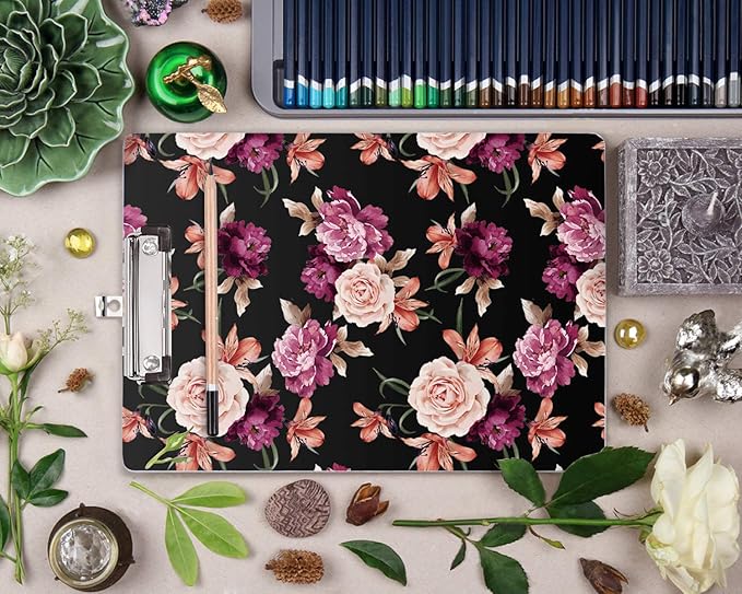 WAVEYU Clipboard Cute, Decorative Clipboard for Office School Hardboard with Low Profile Clip Flower Chic Clipboard Designed for Students Nurse Office Worker, Floral Pattern (12.5"x9")