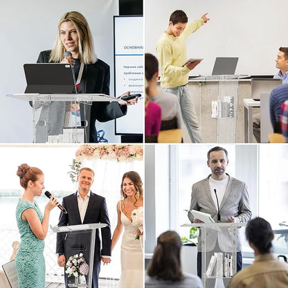 Acrylic Podium Stand，49“ Tall Portable Podium with Lockable Wheels, Clear lecterns & Podium with Storage Shelf for Classroom, Pulpit Podium for Church,Wedding,Presentation