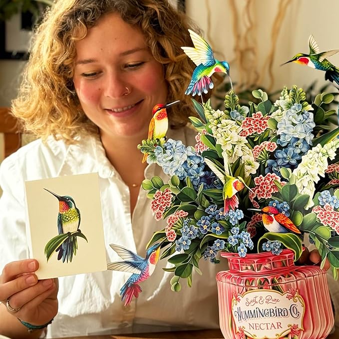 Freshcut Paper Pop Up Cards, Hummingbird Oasis, 12 Inch Life Sized Forever Flower Bouquet 3D Popup Greeting Card, Birthday Cards, Thank You Card, Blank Notecard & Envelope