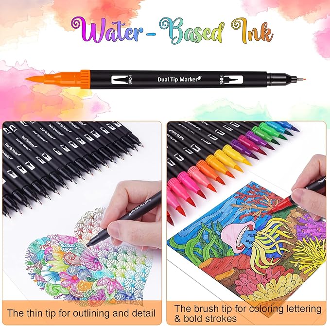 Dual Brush Marker Pens, 72 Colors Art Markers Set with Fine and Brush Tip for Kids Adult Coloring Book Bullet Journaling Note Taking Planner Hand Lettering Calligraphy Drawing Art Supplies Kit
