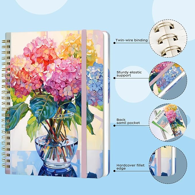 Yoiilifee Spiral Notebook - A5 Spiral Notebooks, 8.3'' × 5.8'', 160 Pages, Aesthetic Journaling Notebooks for Women, College Lined Notebook with Elastic Closure, Back Pocket, for School Office, vase