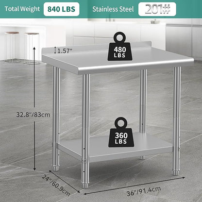 YITAHOME 36" x 24" Stainless Steel Table for Prep & Work with Backsplash, NSF Metal Table Prep Table with Undershelf for Home Kitchen Restaurant Garage Warehouse