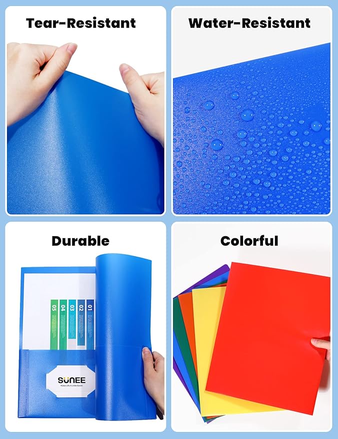 SUNEE 2 Pocket Folder (24 Pack, Assorted Colors) Heavy Duty Plastic Folders with Pockets Fit Letter-Size Papers, Two-Pocket Poly Folders Bulk for School, College, Office