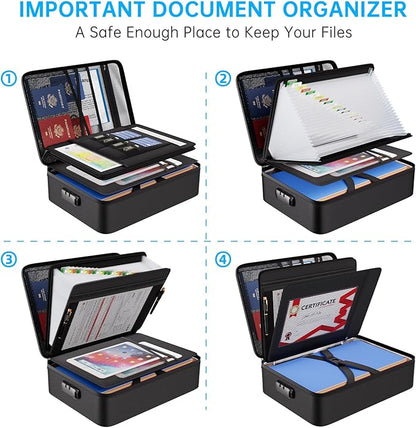 ENGPOW Fireproof Document Box with Lock,5200℉ Soft Case Fireproof Box with 25 Pocket Accordion File Folder,Multi-Layer Fireproof Water Resistant Safe Box File Organizer for Important Documents,Laptop