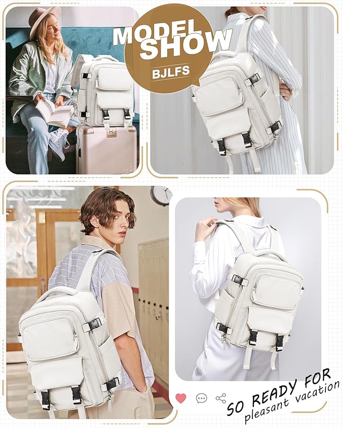 Large Travel Carry on Laptop Backpack for Women Men, Expandable Flight Approved Backpack, Waterproof Sports College bag Casual Daypack for Weekender Business Hiking with Beige