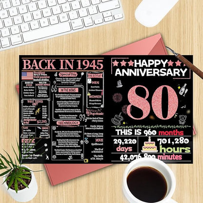 Joycard 80th Anniversary Card for Women, Wedding Card for Wife, Sweet Marriage Decorations Gifts for Couple, Perfect for Her on Anniversary Day, Back in 1945