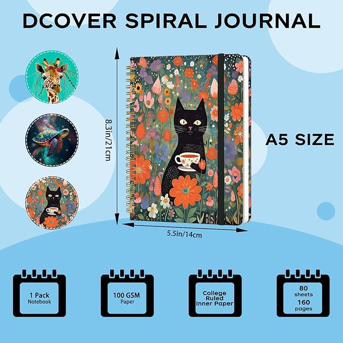 Spiral Notebook - A5 Spiral Notebooks, 8.3'' × 5.8'', 160 Pages, Aesthetic Journaling Notebooks for Women, College Lined Notebook with Elastic Closure, Back Pocket, for School Office, Cat flower