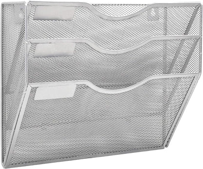 EASEPRES 3 Pocket Mesh Hanging Wall File Organizer, Wall Mounted Mail Paper Document Folder Holder, Clipboard Storage Organization Magazine Rack with Nametag Label for Office Home School, Silver