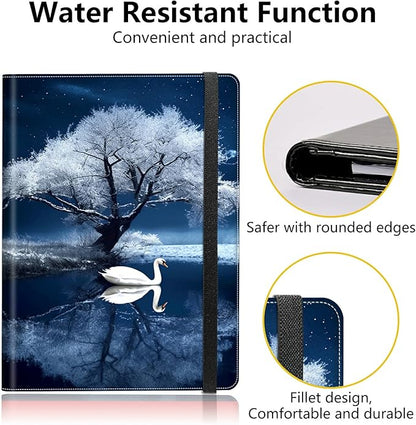 PU Leather Padfolio Clipboard Notepad with Pen Loop and Elastic Strap Interview/Resume Document Organizer for Business School Office,Swan and Tree