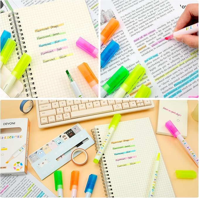 6 Pack Bright Cute Highlighters Set, 5 Fluorescent Colors,2pcs of yellow,Chisel Tip, No Bleed Bible, Quick Dry Ideal Highlighter Set great for Organizing And Coloring School Supplies