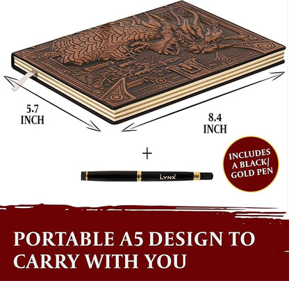 DND Notebook / Journal, Unique 200 Page Book with 3D Bronze Dragon Embossed Faux Leather Cover with Pen- Ideal for Dungeons & Dragons / D&D. Great RPG Accessories Gift for DM's & Players, Men or Women