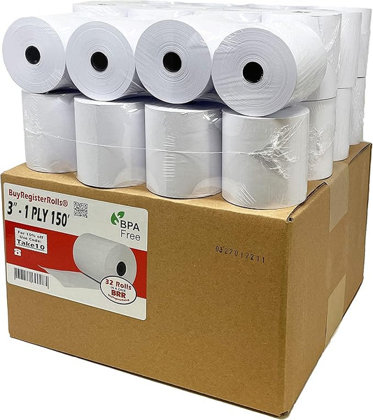 (32 Rolls) 3" x 150' 1 Ply Bond (Non –Thermal Kitchen Printer Paper) POS Receipt Cash Register For Star SP700 SRP275 SMP200 TMU200 MP500 NCR 2174 XR200 IMPACT Printers Requires Ribbons ERC30/34/38