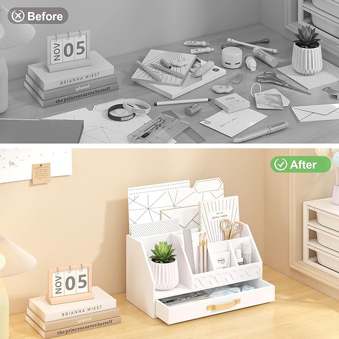 Bamboo Desk Organizer with Drawers, Mail Organizer Countertop Wood Desk Drawer Tabletop Storage Organization Pen Holder Letter Sorter Makeup Organizer for School Home Office (White)