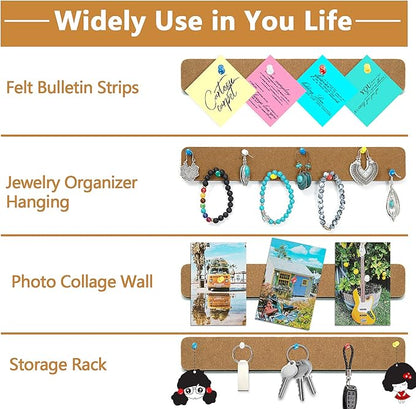 8 Pack Felt Pin Board Bar Strips Bulletin Board for Bedrooms Offices Home Wall Decoration, Notice Board Self Adhesive Cork Board with 50 Push Pins for Paste Notes, Photos, Schedules