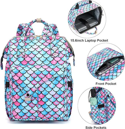 Mermaid Laptop Backpack College School Backpack Bookbags Nurse Backpacks Travel Bags Casual Daypacks for Women Girls Fits 15.6 Inch Notebook