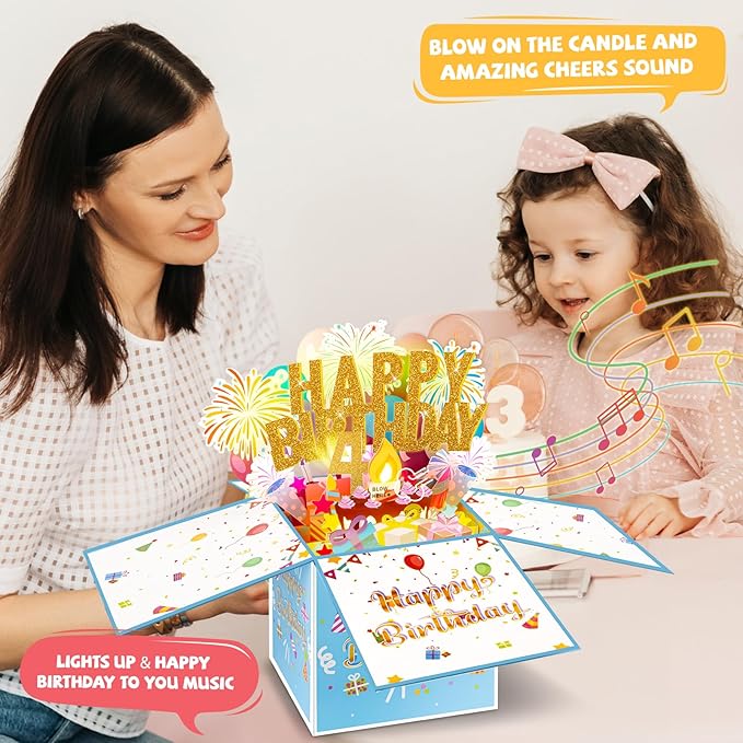 Tnvee 4TH Birthday Cards with Lights Music, 3D Pop Up Singing Happy Birthday Greeting Cards Gifts Ideal for 4 Year Old Kids Boy Girl