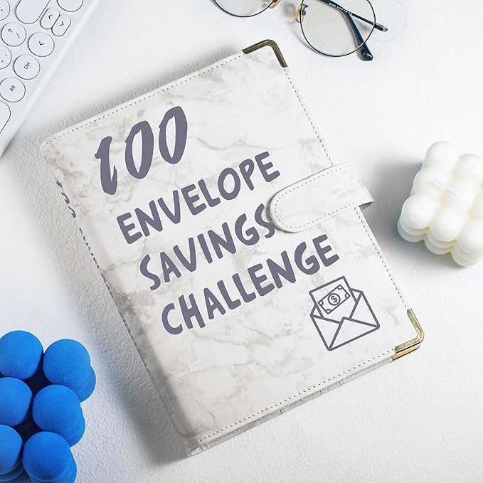 ATkits 100 Envelopes Challenge Binder Savings Challenges Book, A5 Money Saving Planner Cash Envelope Budget Binder with Erasable Pen, Easy and Fun Way to Save $5,050, 10,000 and $500 (Marble White)