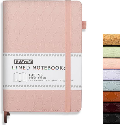 Lined Journal Notebook for Women Men, 192 Pages 100 GSM Thick Paper, Hardcover | Embossed Leather Journals for Writing, A5 College Ruled | Business, Work & School, 5.8"×8.5"(Pink)