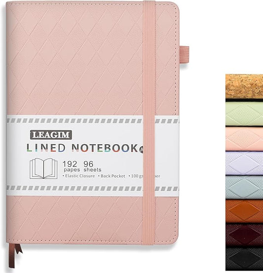 Lined Journal Notebook for Women Men, 192 Pages 100 GSM Thick Paper, Hardcover | Embossed Leather Journals for Writing, A5 College Ruled | Business, Work & School, 5.8"×8.5"(Pink)