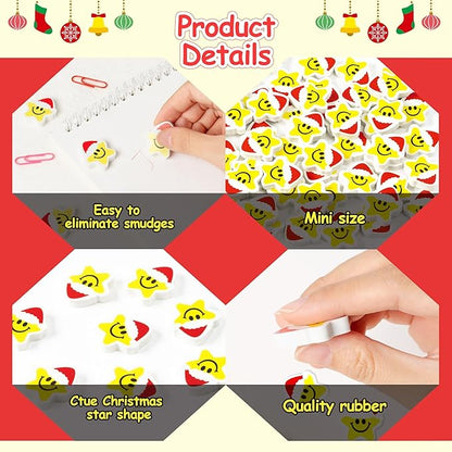 Christmas Winter Pencil Erasers - 60pcs Xmas Mini Erasers bulks Holiday Rubber Smiley Face Winter Christmas Party Favors School Rewards Cute Star Cartoon Rubber Eraser New Year holidays Gift