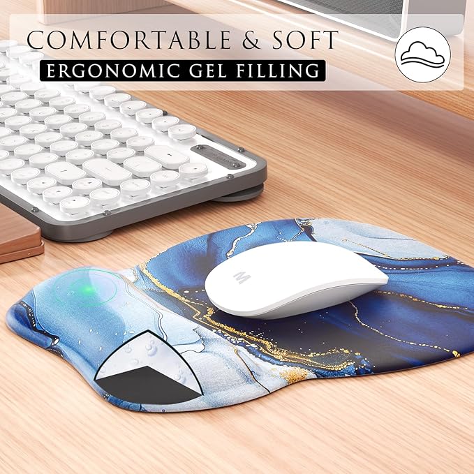 MROCO Ergonomic Mouse Pad with Gel Wrist Rest, Comfortable Mousepad with Smooth Wrist Support Surface and Non-Slip PU Base for Pain Relief, Computer, Laptop, Office & Home, 9.4 x 8.1 in, Blue Marble