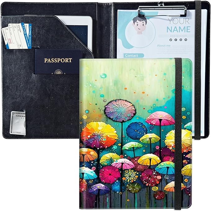 PU Leather Padfolio Clipboard Notepad with Pen Loop and Elastic Strap Interview/Resume Document Organizer for Business School Office,Colored Mushroom