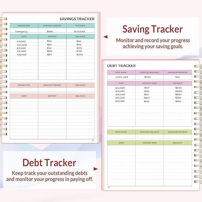 SUNEE Budget Planner - Monthly Budget Book with Expense Tracker Notebook, Undated 12 Month Bill Organizer & Finance Planner to Manage Your Money, A5(6.4" x 8.3") Account Book with Colorful Tab, Pink