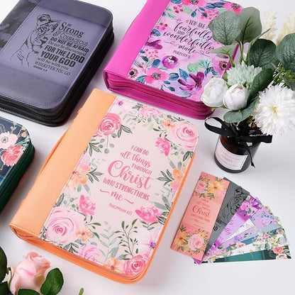 Bible Cover Case for Women with 7 Beautiful Paper Bookmarks Floral PU Leather Bible Cover Bag with Pockets and Zipper for Standard and Large Size Study Bible 10.8"x7.8"x2" (Coral Floral)