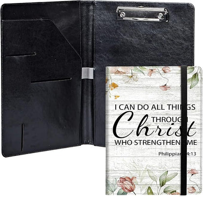 Bible Philippians 4:13 PU Leather Padfolio Clipboard Notepad with Pen Loop and Elastic Strap Interview/Resume Document Organizer for Business School Office