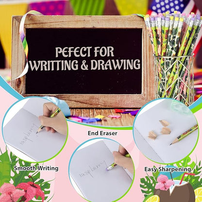 Geyee 36 Pcs Space Pencils Hawaiian Shark Themed Party Favors Assorted Novelty Fun Wood Writing Pencils with Erasers for Birthday Party Teacher Supplies(Hawaiian)