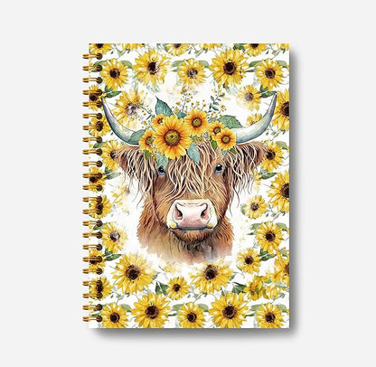 Highland Cow Notebook Journal - Sunflower Notebook, 5.5×8.3 Summer Sunflower Spiral Journal Notebook, Highland Cow Gifts, Cow Gifts for Women, 164 Pages