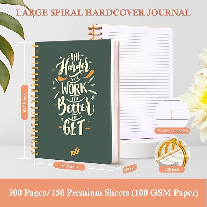 Spiral Notebook - 10.25" x 7.25" Spiral Journal Notebooks College Rule, Cute Notebook Journal for Note Taking Women Writing School, Notebooks for Work, 100 GSM, 300 Pages (Work Hard)
