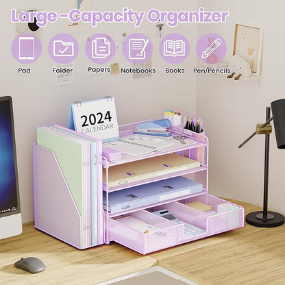 Desk Organizers and Accessories, Paper Letter Tray File Organizer with Drawer and 2 Pen Holder, Classroom Office Supplies Decor Desk Accessories Workspace Desktop Organizer for Women(Purple)