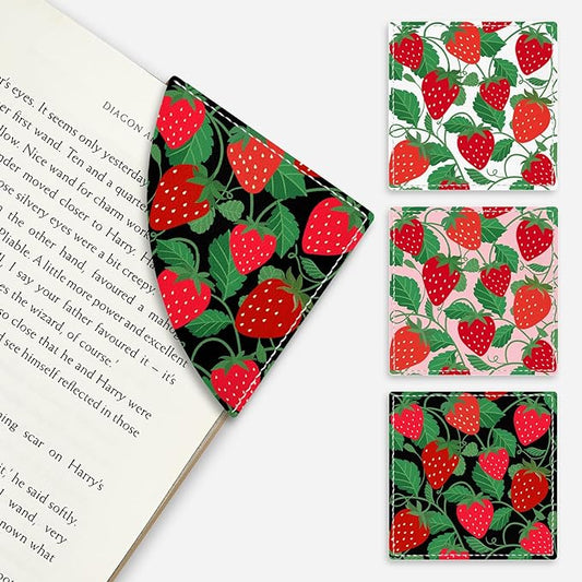 Strawberry Corner Bookmarks, Cute Leather Book Accessories for Book Lovers, 3 Pcs Reading Book Page Markers for Women Men Student Teacher Girls Boys Kids Retirement Birthday Gifts