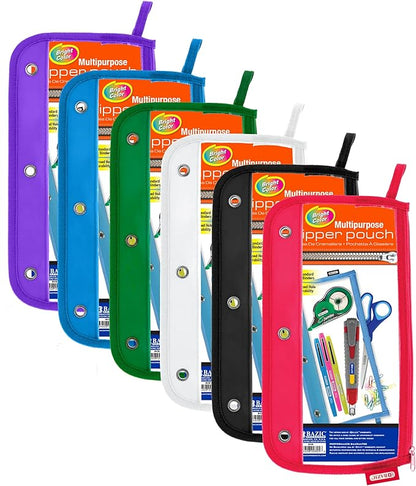 BAZIC Pencil Pouch 3 Ring Binder Pouch w/Rivet Enforced Rings Holes, 11.5"x6.5" Clear Color, Zipper Pouches Case Cosmetic Bag, 6-Pack