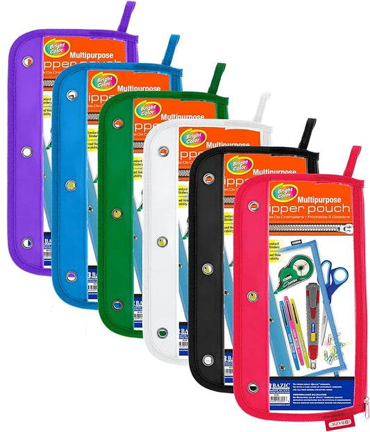BAZIC Pencil Pouch 3 Ring Binder Pouch w/Rivet Enforced Rings Holes, 11.5"x6.5" Clear Color, Zipper Pouches Case Cosmetic Bag, 6-Pack