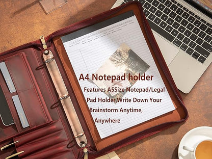 Free Engraved Name, Personalized Leather Binder Portfolio, 3 Ring Binder Business Portfolio for Women, Zippered Padfolio with A4 Clipboard, Organizer for A4 Legal Sized Notepad, Customized Gift, Red