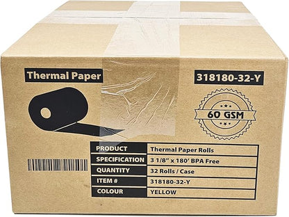 (32 Rolls) 3 1/8 x 180 Yellow Thermal Paper Receipt Rolls (55GSM Paper Thickness) fits all Clover POS Cash Register Printers, Blue Thermal Paper from BuyRegisterRolls